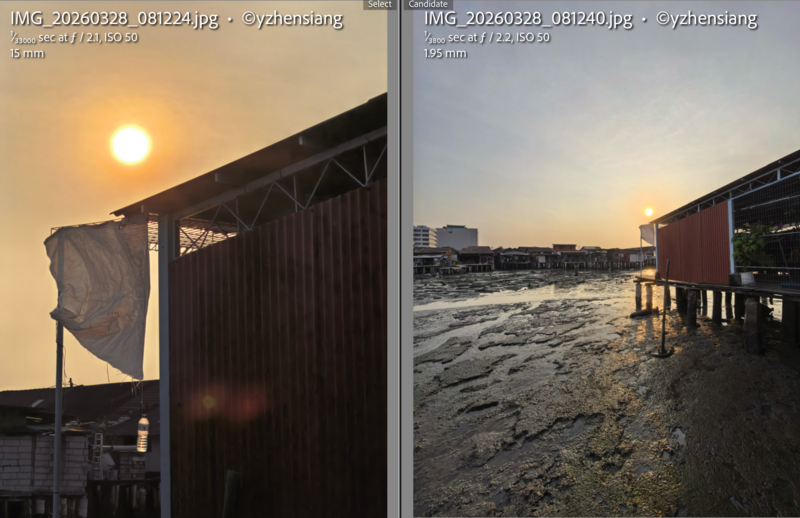 Two side-by-side photographs of a beach area at sunset with industrial buildings and structures.