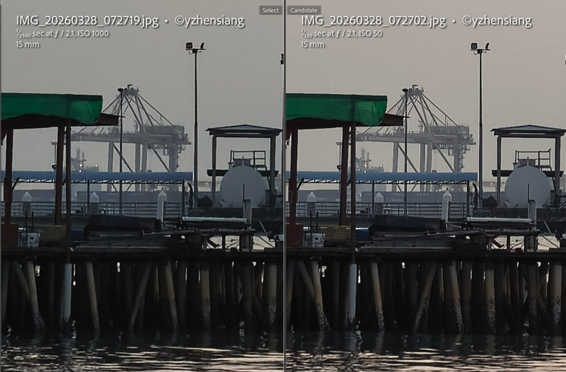 Side-by-side comparison of industrial port facility with cargo cranes and wooden pier pilings.