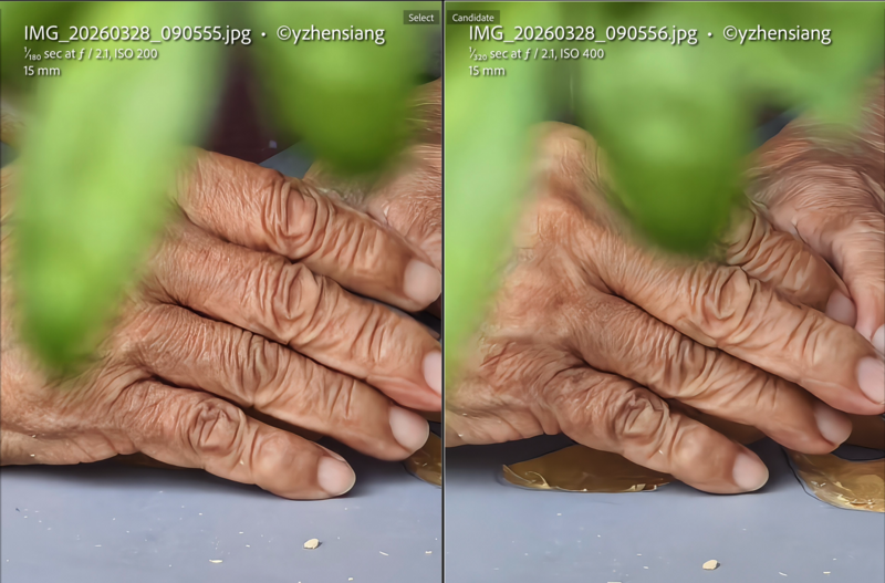 Hands holding green fruit with pronounced wrinkles and age spots visible on skin.