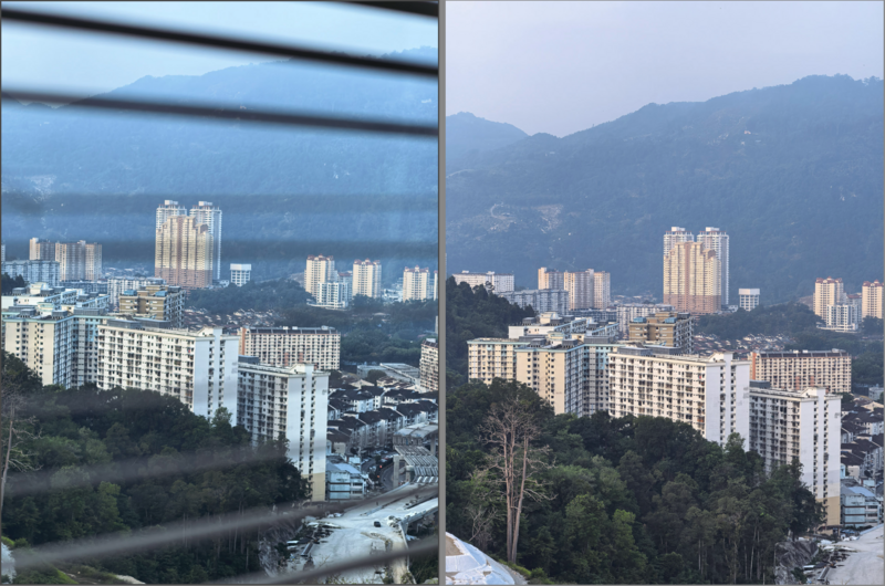 Split-screen comparison of urban cityscape views through windows, showing buildings, mountains, and atmospheric haze.