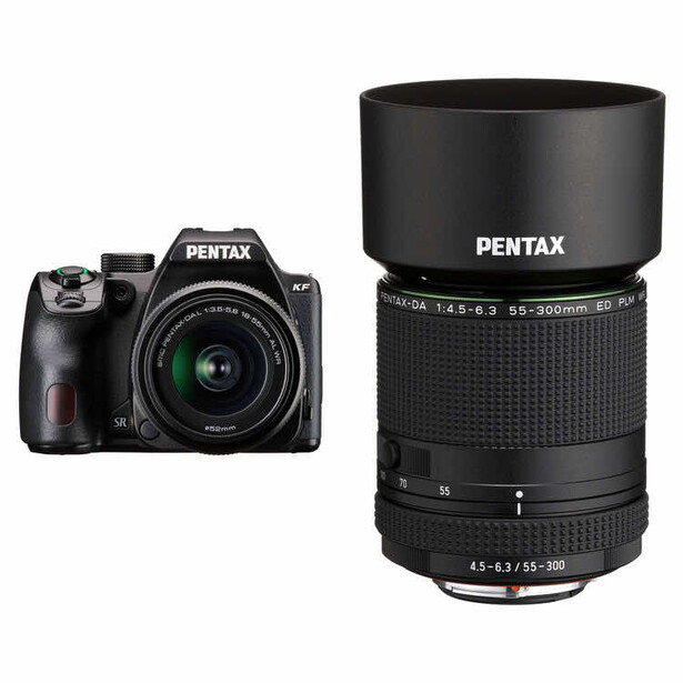 Pentax K-70 DSLR camera body with kit lens and separate Pentax telephoto zoom lens with lens hood.