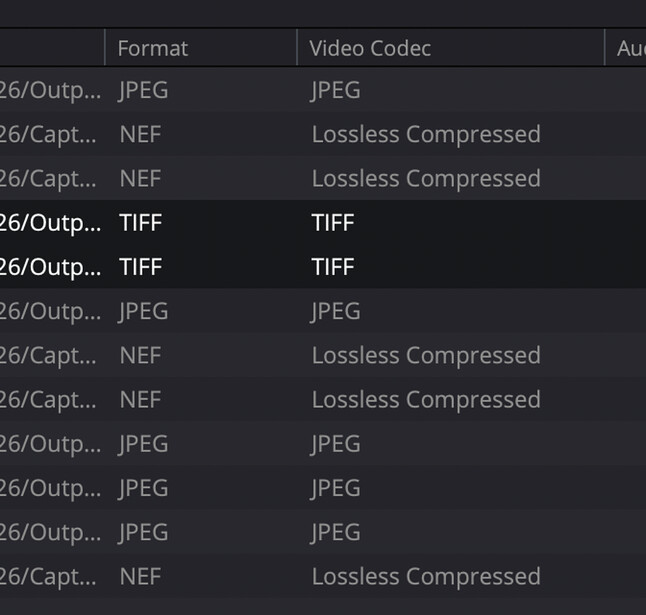 Screenshot of a file export dialog showing format, video codec, and audio settings for multiple output files.