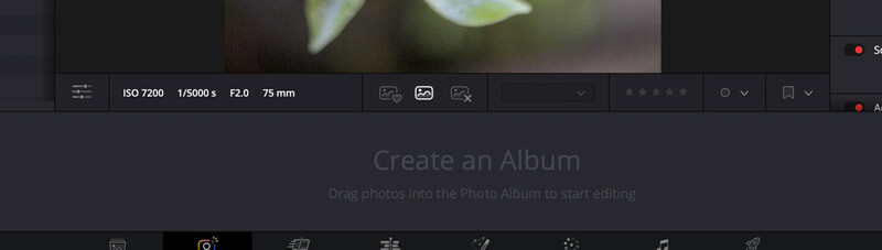 Screenshot of photo editing software showing macro photography with shallow depth of field at ISO 7200, f/2.0, 75mm lens.