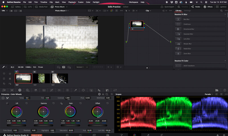 Screenshot of video editing software showing color grading interface with waveform displays and histogram analysis.
