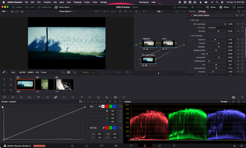 Screenshot of video color grading software with waveform monitor and curves adjustment tools open.