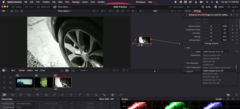 Screenshot of DaVinci Resolve video editing interface showing color grading of a car wheel photograph.