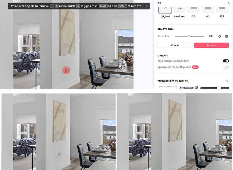 Screenshot of image editing software showing before and after comparisons of a modern office space with adjustment sliders visible.