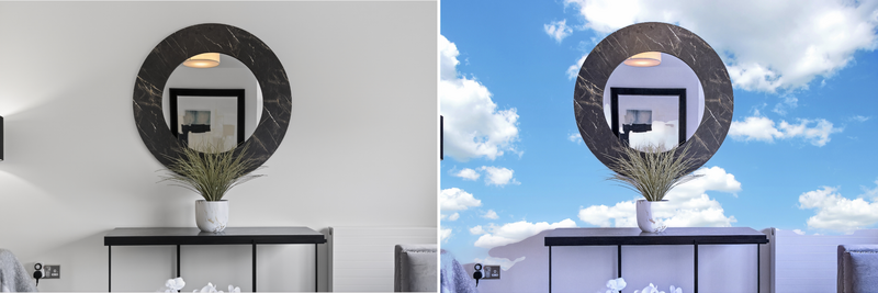Side-by-side comparison of modern bedroom with circular mirror, showing interior lighting versus bright outdoor sky backdrop.