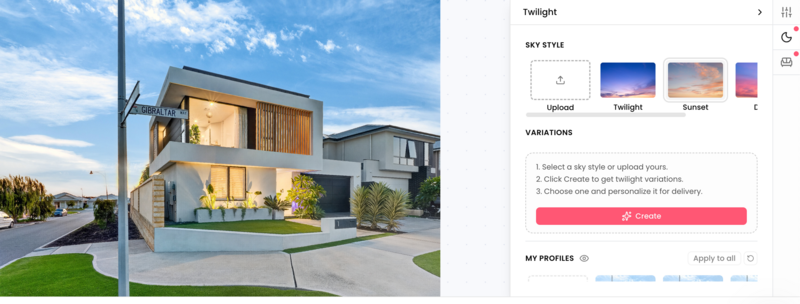 Screenshot of a photo editing interface showing sky style selection options for a modern residential photograph.
