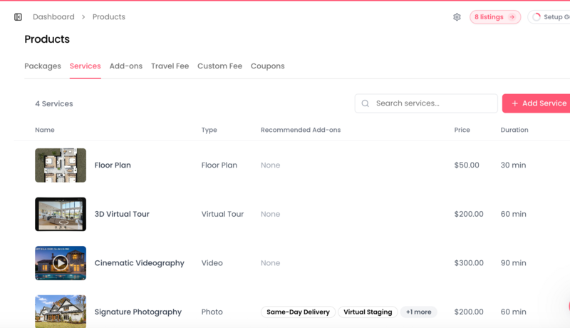 Screenshot of a Services management dashboard showing four photography and videography service offerings with pricing and duration details.