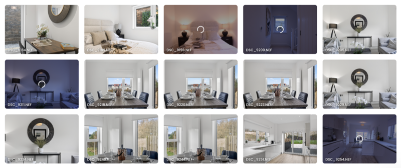Grid of 15 interior photographs showing various residential spaces with lighting equipment visible.