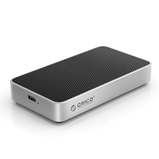 Orico portable external storage device with silver aluminum casing and black textured top panel.