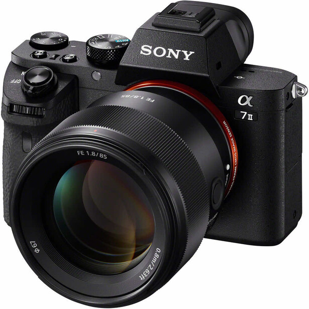 Sony a7 II mirrorless camera with attached prime lens on black background.