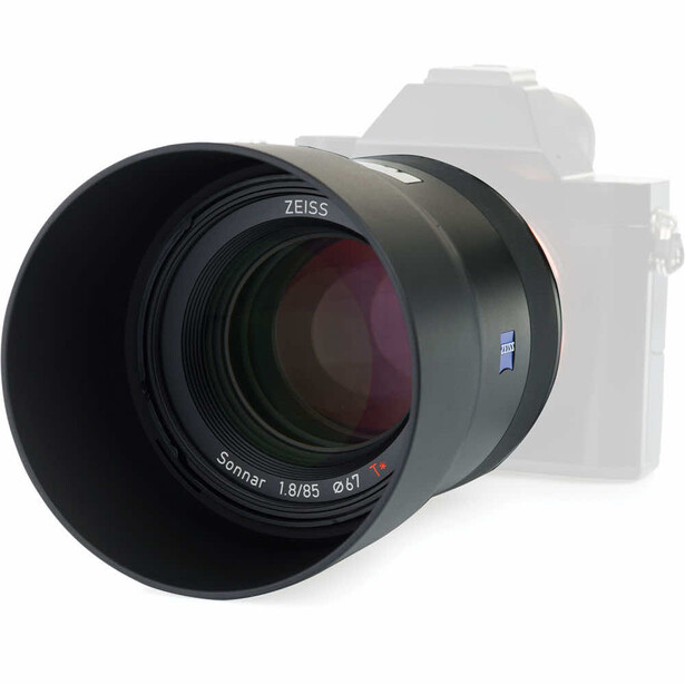 Zeiss Batis 85mm f/1.8 lens mounted on mirrorless camera body with lens hood attached.