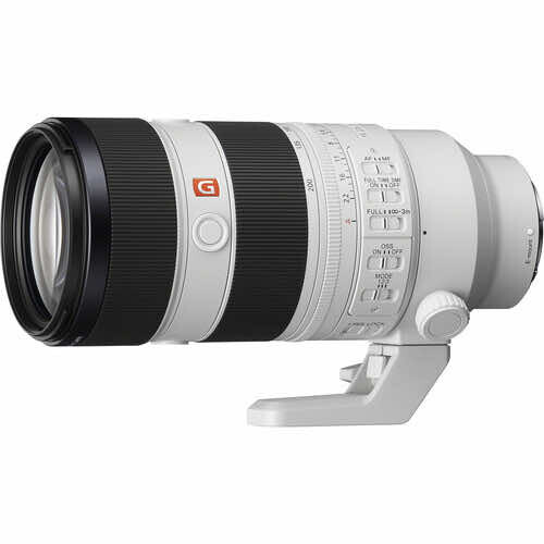 Sony FE 70-200mm f/2.8 GM telephoto zoom lens with white and black barrel and tripod foot.