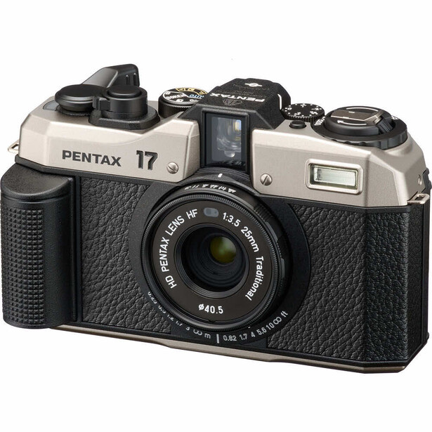 Pentax 17 film camera with black textured body and champagne top plate.
