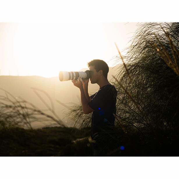 Photographer silhouetted against bright sunlight, holding telephoto lens to eye while standing near tall grasses.