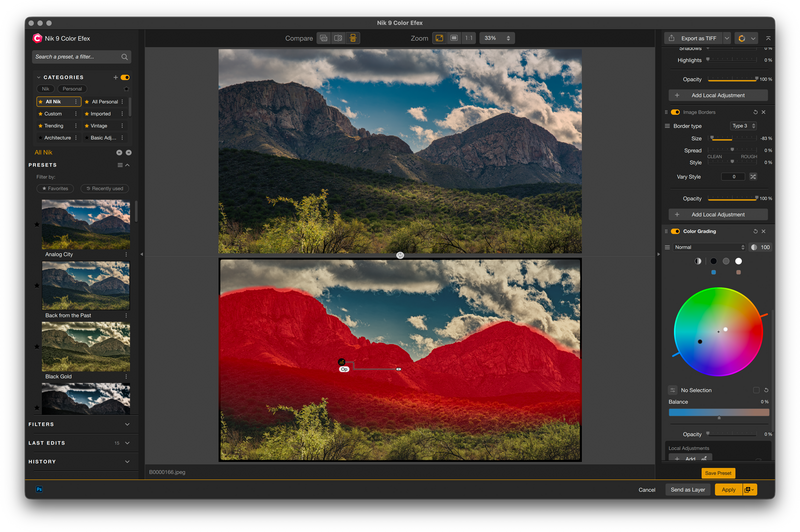 Screenshot of image editing software showing before and after color adjustment of a mountain landscape photograph.