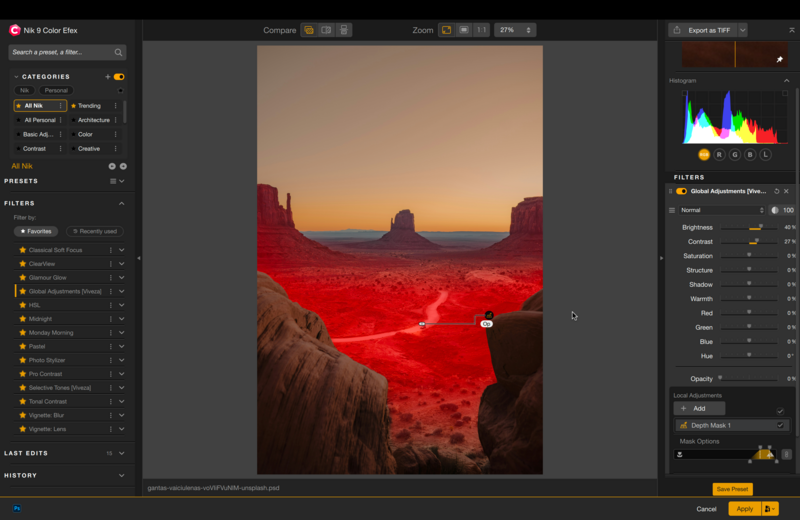 Desert landscape with red rock formations at sunset viewed through photo editing software interface.
