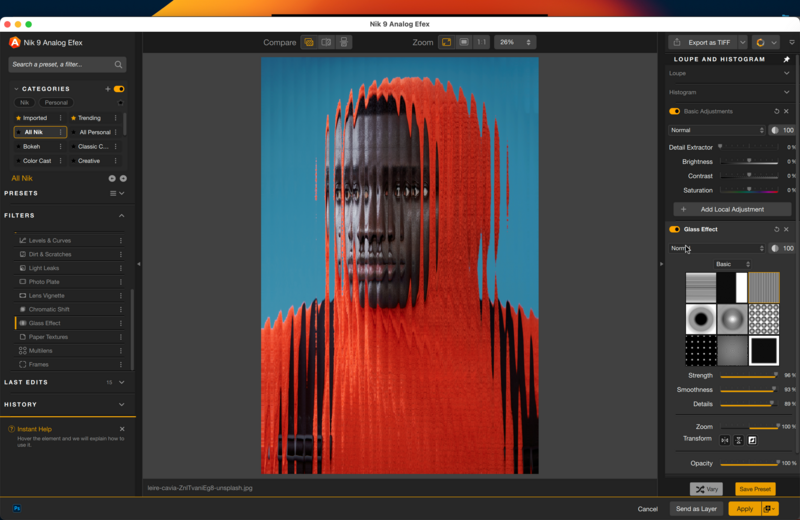 Screenshot of photo editing software displaying a portrait with red vertical glitch effect applied.