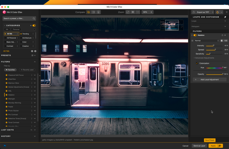Screenshot of photo editing software showing a neon-lit subway car with pink and blue color grading applied.