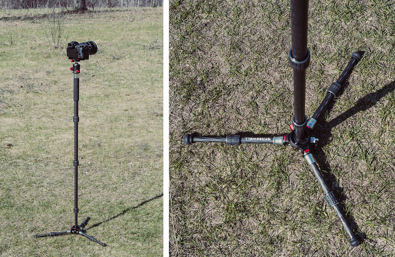 Two overhead views of a lightweight camera tripod setup with spreader arms on grass.
