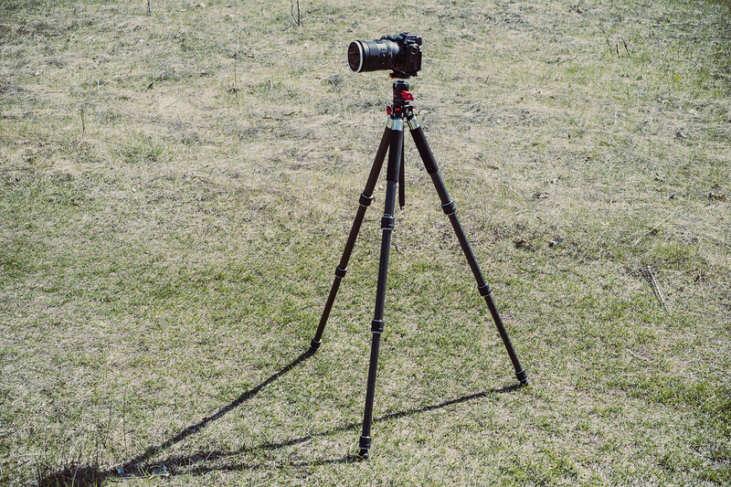 DSLR camera mounted on tripod with telephoto lens positioned on grass outdoors.