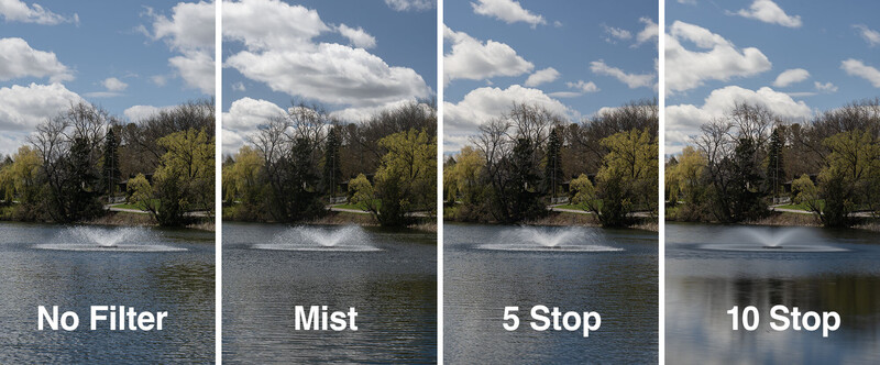 Comparison of ND filter effects on a riverside landscape with fountain, showing progression from no filter through Mist, 5 Stop, and 10 Stop filters.