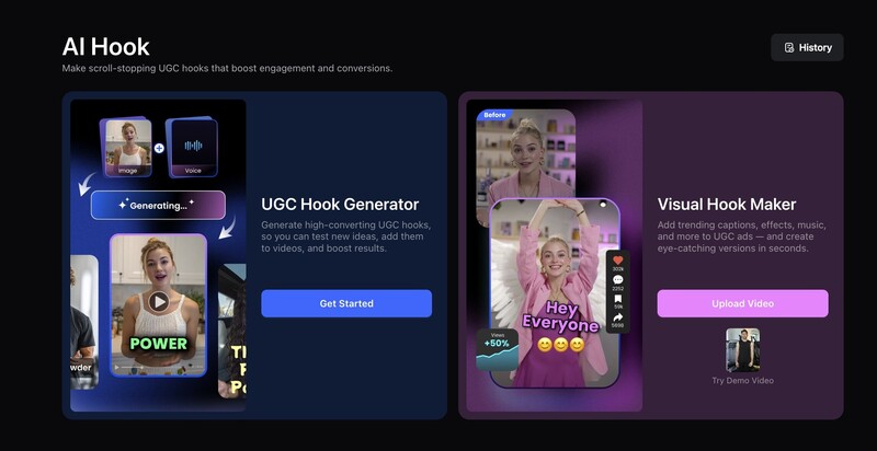 Screenshot of AI Hook platform showing UGC Hook Generator and Visual Hook Maker tools