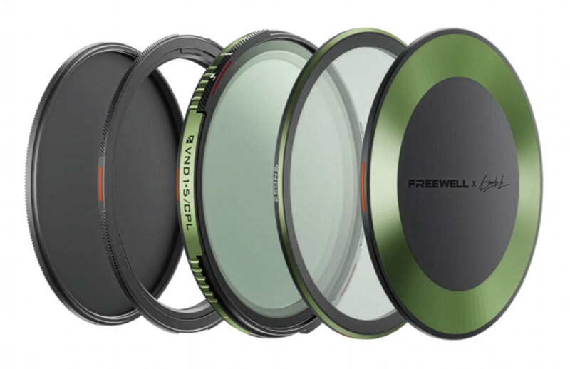 Five camera lens filters arranged in a row, displaying a progression from dark to light with green tinting on the rightmost filter.