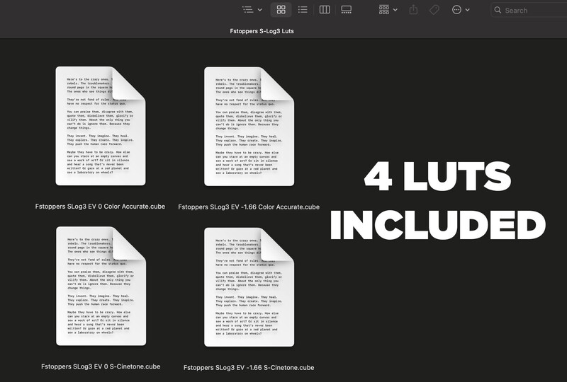 Graphic displaying four LUT (Look-Up Table) files for color grading with descriptive labels