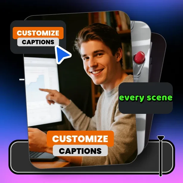 Graphic illustration showing caption customization interface for video editing software with a man at a laptop