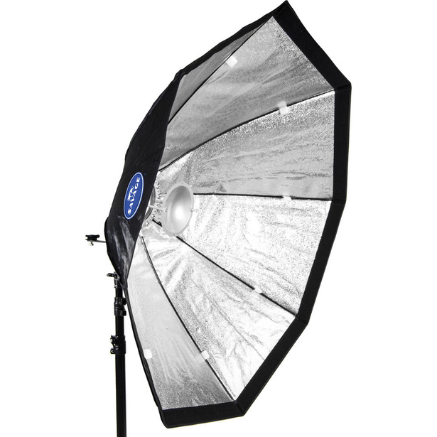Large octagonal softbox with white diffusion fabric mounted on light stand