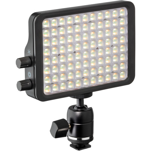 Compact LED panel light with ball head mount and dual control knobs