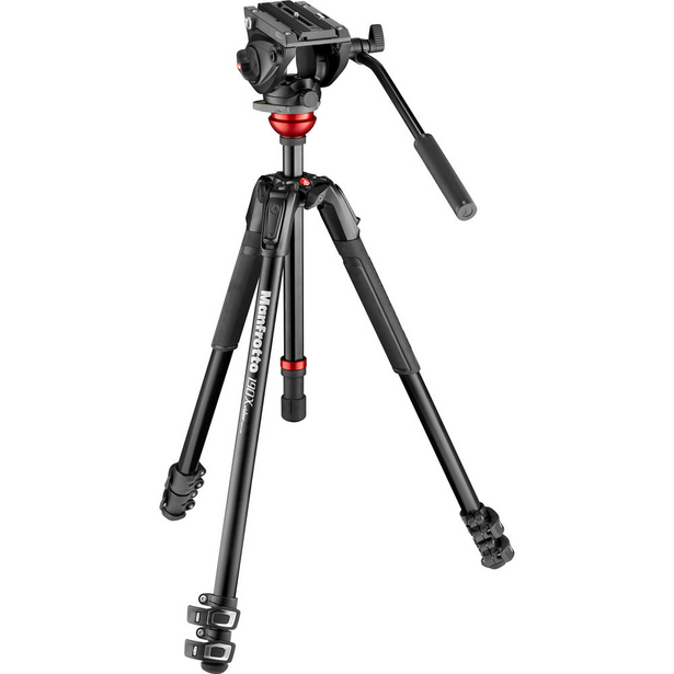Professional video tripod with fluid head and pan-tilt arm against white background