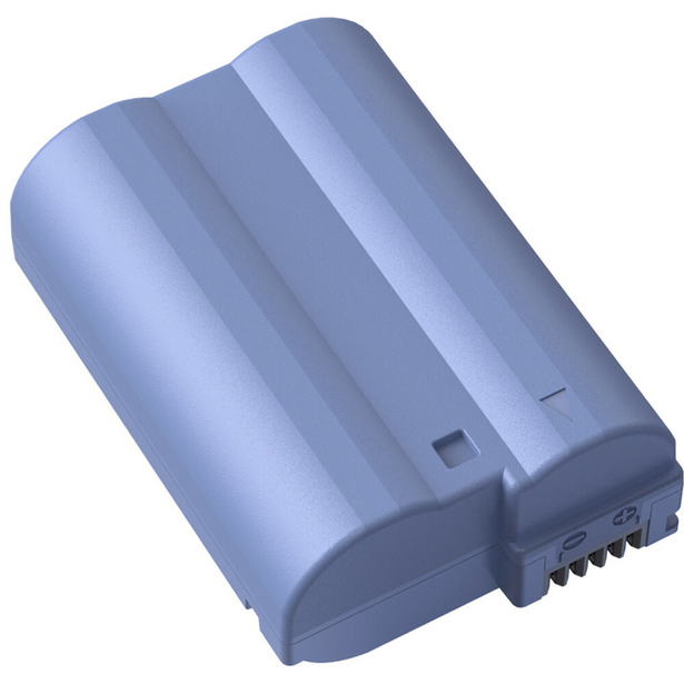 Illustration of a rechargeable camera battery pack with blue gradient shading and contact terminals