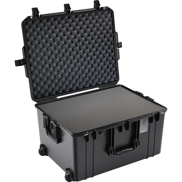 Black protective equipment case with foam insert and wheeled base