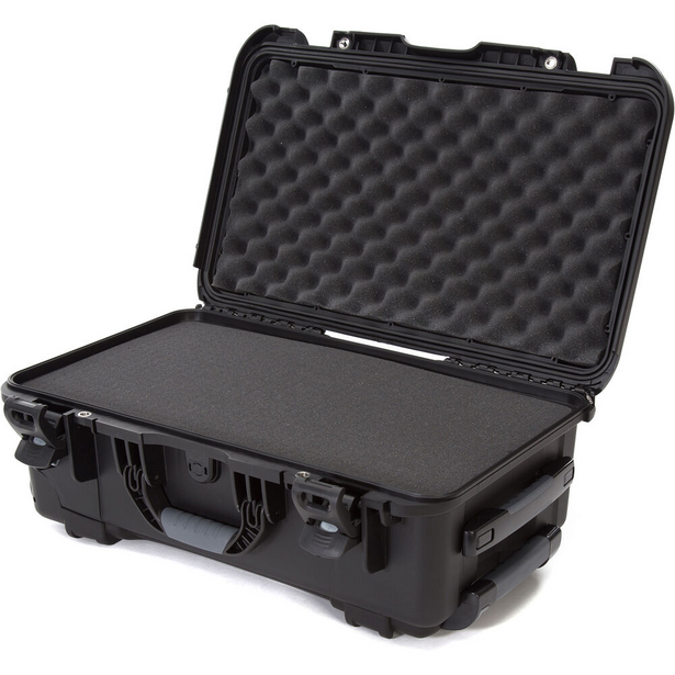 Black rugged hard case with foam-lined interior and retractable handle, open to show protective organization