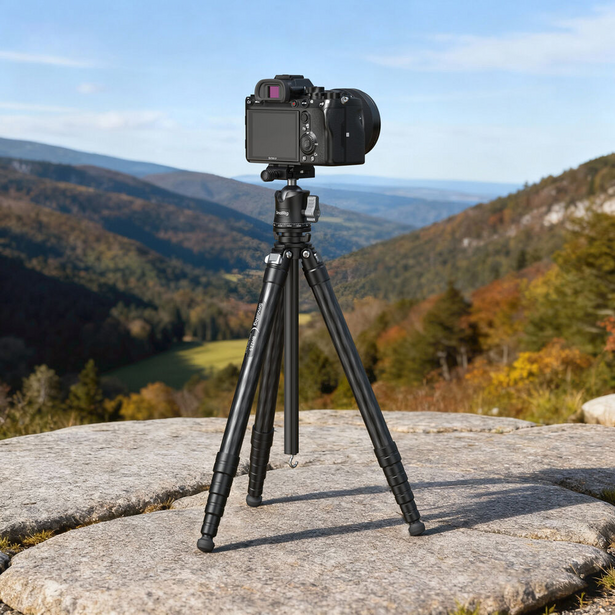 DSLR camera mounted on tripod overlooking forested valley landscape