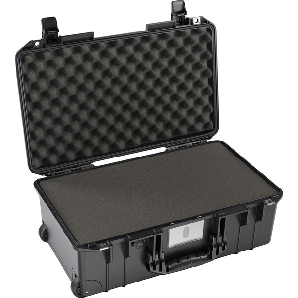 Open black protective equipment case with foam insert and padded bottom compartment