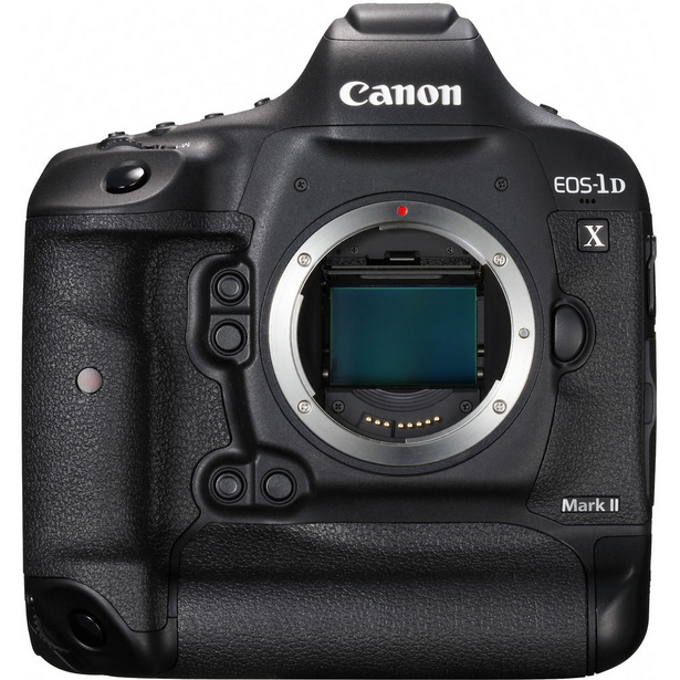 Canon EOS-1D X Mark II DSLR camera body front view with open mirror box