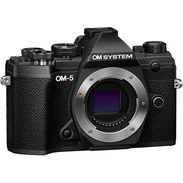 OM System OM-5 mirrorless camera body shown front-on with lens mount visible
