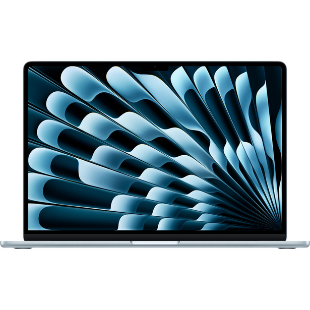 Laptop displaying abstract blue geometric shapes with layered, fan-like patterns