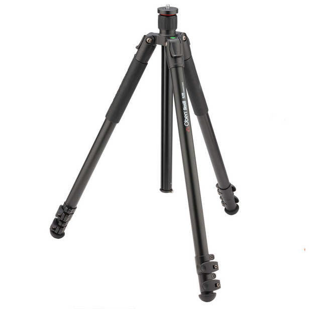Three-leg camera tripod with extended carbon fiber legs and adjustment locks