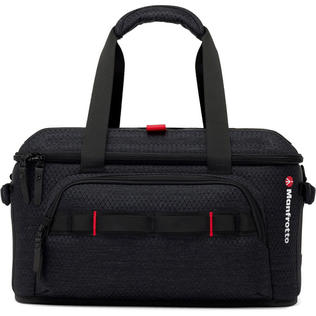 Black camera bag with dual handles, front zippered pockets, and red accent details