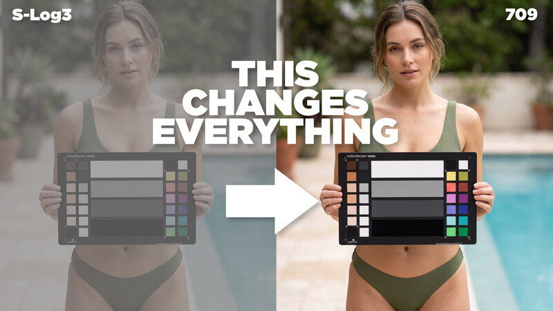 Graphic comparison showing color grading transformation with before and after photos and color reference charts