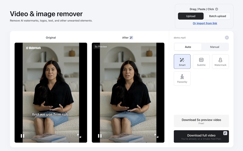 Screenshot of AI video and image remover tool comparing original and processed video frames