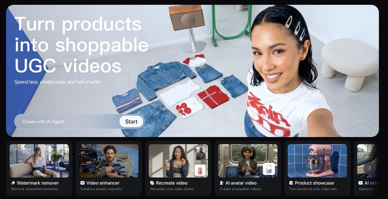 Screenshot of AI video creation interface showing product showcase tool with woman demonstrating clothing items