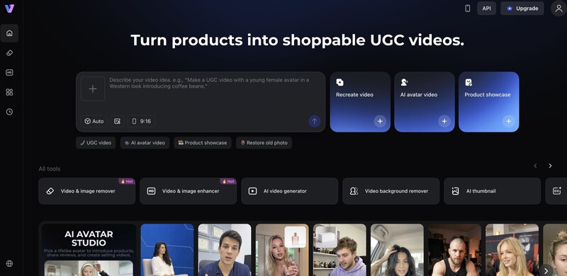 Screenshot of video creation platform interface showing UGC video tools and AI features