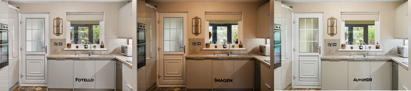 Side-by-side comparison of three kitchen renderings showing different color grading treatments